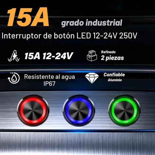 Vista 5 de Interruptor de botón de 15 amperios, interruptor de botón de cierre de 16 mm (0,63") 12V-24V AC/DC con luz LED impermeable IP67 tipo ojo de ángel
