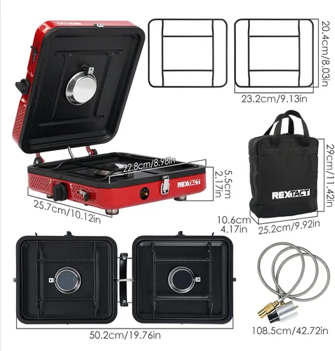 Vista 8 de RexTact Estufa de campamento de 2 quemadores con bolsa de transporte, estufa de campamento de propano plegable con 17,200 BTU para campamento