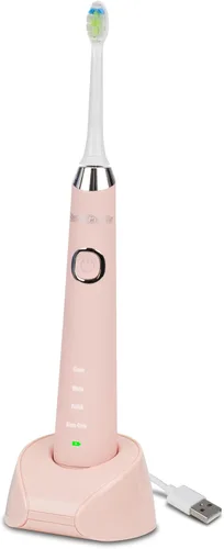 Vista 2 de Practicon SmileGoods Cepillo de dientes sónico con temporizador automático, base de carga y dos cabezales de cepillo (cepillo de diente, rosa)