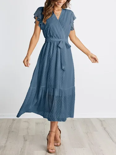 Vista 4 de BTFBM Vestido de verano para mujer bohemio floral casual con cuello en V con volados sin mangas con cinturón acampanado dobladillo plisado con vuelo