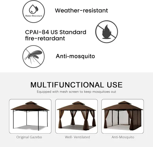 Vista 7 de Tanxianzhe Mosquitera de Repuesto para Gazebo de 10'x10' Paredes Mosquiteras de Patio de 4 Paneles con Cremallera (Marrón)