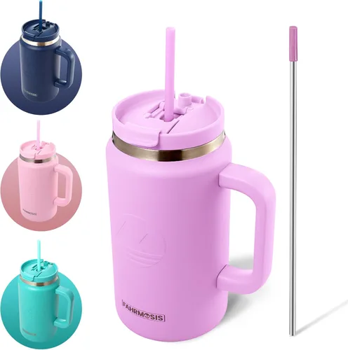 Vista 24 de FAHRMOSIS Vaso de 40 onzas con asa y pajita, taza aislada que cabe en el portavasos para bebidas frías y calientes, vaso a prueba de fugas