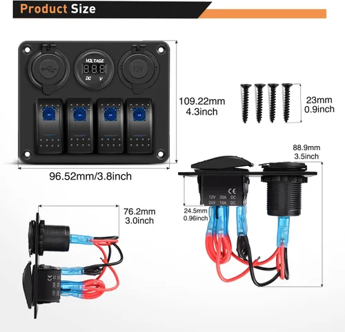 Vista 2 de GOOACC Panel de interruptor basculante de 3 bandas con cargador USB y encendedor de puros, interruptor de palanca de 12 V 24 V, interruptor Azul