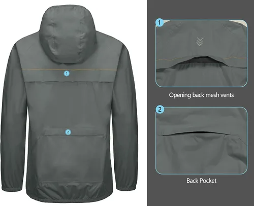 Vista 5 de Little Donkey Andy Chaqueta de lluvia elástica para hombre con capucha, resistente al viento y al agua, plegable