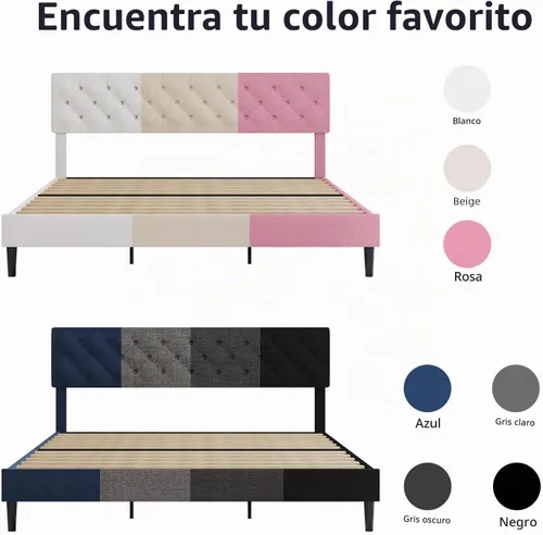 Vista 8 de BarnFurin Base de cama tamaño King, plataforma tapizada con cabecera capitoné con botones, marco de cama de tela con soporte de listones de madera