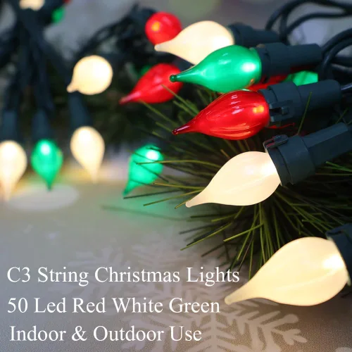 Vista 4 de Luces de Navidad rojas, blancas y verdes, 50 luces LED con cable verde y bombillas de vidrio C3 para árbol de Navidad interior y exterior