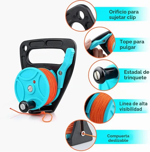 Vista 5 de Carrete de buceo con tapón de pulgar y línea de 150 pies azul