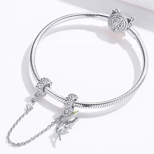 Vista 2 de Abalorio de cadena de seguridad de corazón de plata de ley 925 para pulseras y collares europeos