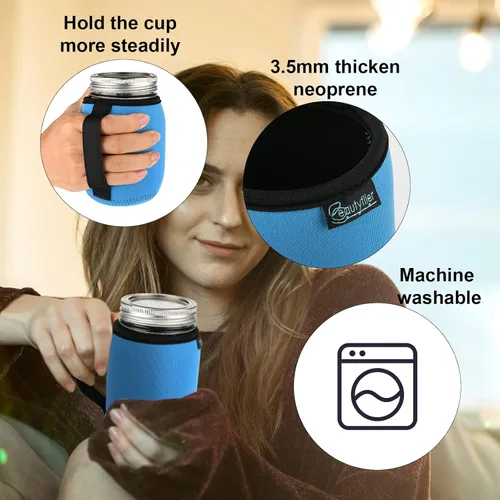 Vista 6 de Beautyflier Funda de neopreno para tarros Mason de 16 oz de boca regular, cubierta de neopreno para tarros Mason para vasos de beber, aislantes