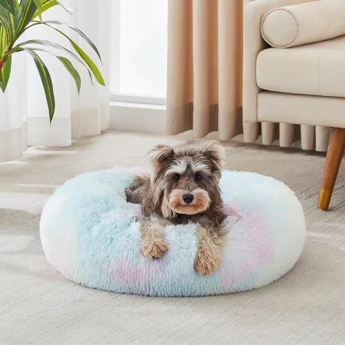 Vista 21 de Cama calmante para perros y gatos, cama antiansiedad, de felpa, con forma de dona, redonda, acolchada, de piel sintética, suave y esponjosa
