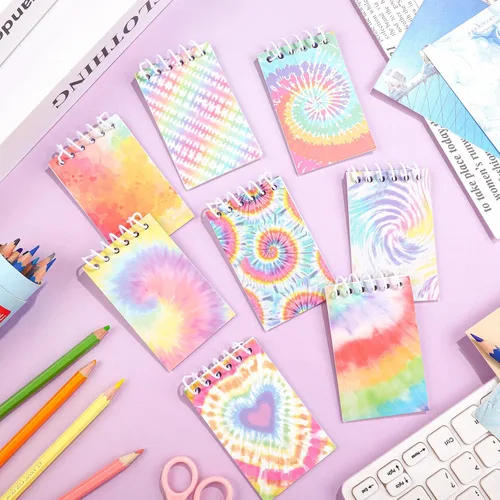 Vista 7 de 24 piezas de mini blocs de notas con estilo teñido anudado multicolor, cuadernos de bolsillo para niños, cuadernos en espiral mini, divertidos