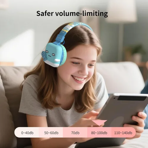 Vista 2 de Auriculares Bluetooth para niños, límite de volumen de 85 dB, ultra suaves sobre la oreja, micrófono incorporado, plegables, diseño de animales
