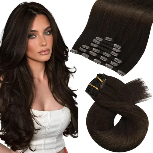 Vista 22 de Moresoo Extensiones de cabello humano con clip, balayage, color marrón oscuro a marrón dorado con clip, extensiones de cabello humano con clip, 5