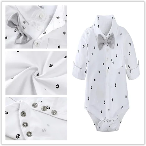 Vista 6 de TAOJIAN Conjunto de traje de caballero para niños pequeños, mameluco con botones para recién nacido+pantalones con tirantes desmontables+pajarita +