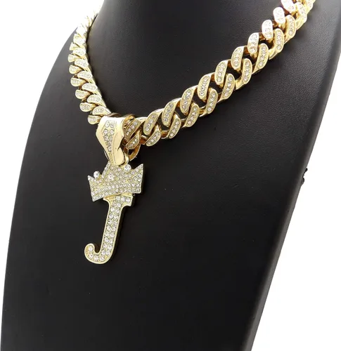 Vista 6 de BLINGFACTORY Colgante de cadena cubana con inicial de alfabeto de Hip Hop y 0.472in de 18 pulgadas con cerradura completa de caja de hielo