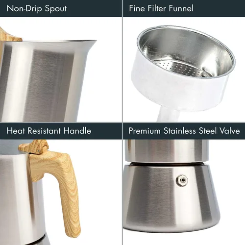 Vista 3 de Primula Cafetera y cafetera de acero inoxidable de alta calidad, olla moka para café clásico italiano, 6 tazas, mango de aspecto de madera