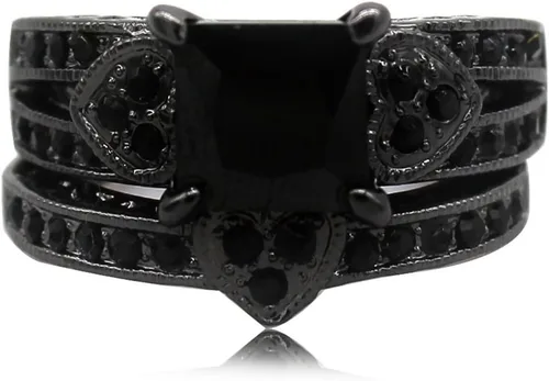 Vista 4 de Juego de anillos nupciales de compromiso de boda en forma de corazón de corte princesa rodio negro