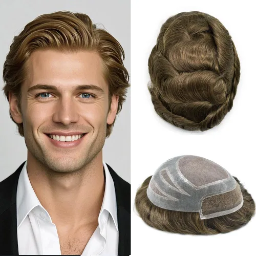 Vista 17 de Toupee - Piezas de pelo para hombres, cabello humano real, sistema de reemplazo de cabello francés, encaje francés, extensiones de cabello