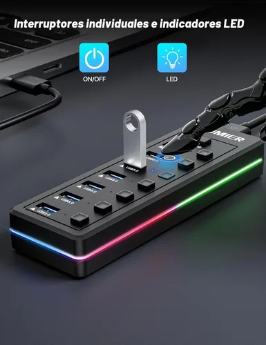 Vista 4 de Hub USB con tira de LED RGB,Divisor USB de 7 puertos para PC,Juegos USB 3.0 Hub Data Transfer - Individual LED On/Off Switches for Laptop, PC