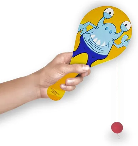 Vista 4 de ArtCreativity Bolas de remo de figuras de monstruo, paquete de 12, 9.25 pulgadas de madera de Paddleball con cuerda, varios colores y diseños