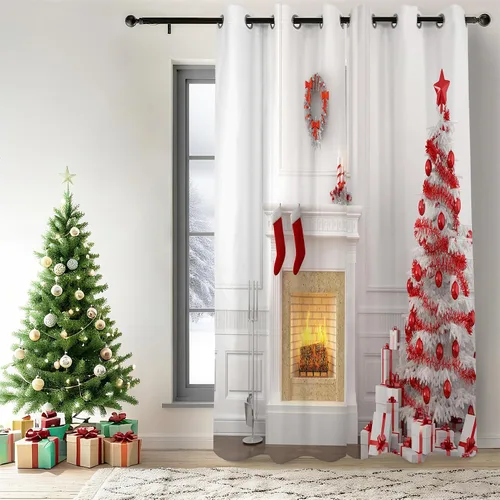Vista 19 de Renaiss Cortinas opacas de Navidad con tablones de madera rústica para dormitorio, con ojales, estampado de copos de nieve navideños, cortinas