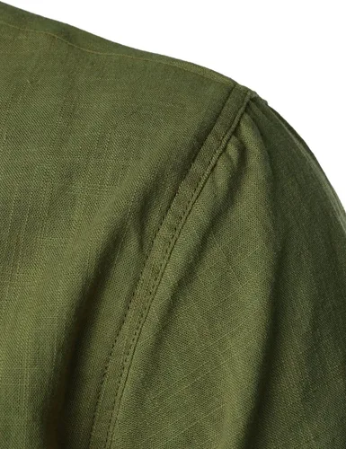 Vista 4 de ZEROYAA Camisas de lino y algodón ajustadas para hombre, de manga corta, con botones, ligeras, para la playa, con bolsillo
