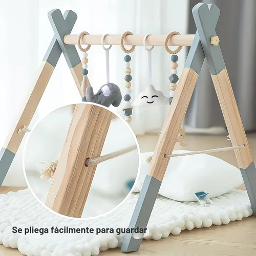 Vista 6 de Gimnasio de madera para bebés plegable con marco de gimnasio, gimnasio de actividades, barra colgante con 5 juguetes naturales para bebés recién Gris