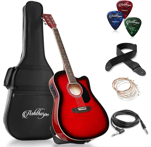 Vista 8 de Ashthorpe - Paquete de guitarra electroacústica estándar con diseño delgado con corte - de madera Tonewood de primera calidad Negro