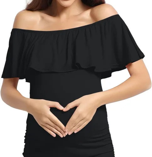 Vista 5 de KIM S Vestido de maternidad sin mangas con volantes y hombros descubiertos (S-XXL), vestido ajustado para sesión de fotos de baby shower