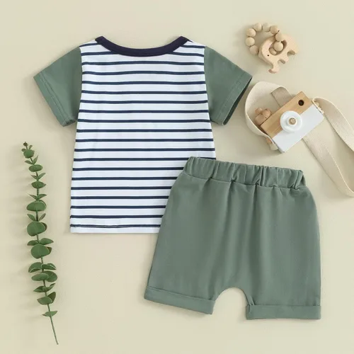 Vista 3 de Sejardin Ropa de verano para bebé niño, camiseta de manga corta con retazos a cuadros, camiseta y pantalones cortos elásticos para niño