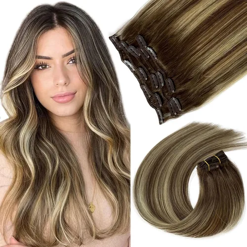 Vista 15 de Extensiones de cabello humano real con clip, de 12 pulgadas, para mujer, color rubio plateado, balayage, 2.47 oz, 7
