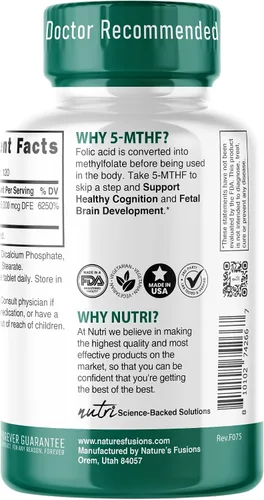 Vista 3 de Nutri 5-MTHF L Metilfolato 15MG - Suministro para 4 meses, 120 tabletas veganas - Suplemento de folato metilado - Función cognitiva, salud cardíaca