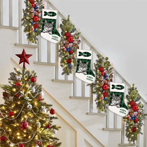 Vista 6 de Foto personalizada, Feliz Navidad, búfalo rojo, a cuadros, feliz perro, calcetín de Navidad, copo de nieve, decoración de vacaciones, calcetín