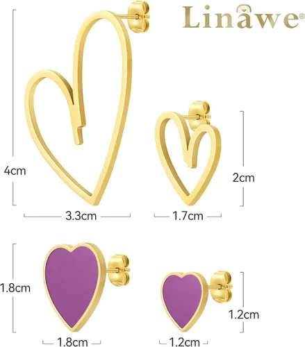 Vista 5 de Linawe 4 Pcs Heart Stud Mismatched Earrings Set for Women Girls, Hypoallergenic Stainless Steel GoldSilverRose Gold Cartilage Tragus Piercing
