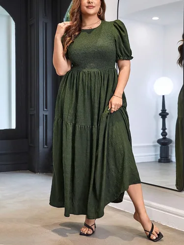 Vista 4 de WDIRARA Vestido Aline con cuello redondo y manga corta abombada y dobladillo fruncido para mujer