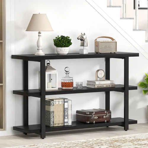 Vista 3 de FOLUBAN Mesa de entrada negra, mesas consola modernas con estantes de almacenamiento de 3 niveles para sala de estar, mesa de sofá de madera y metal