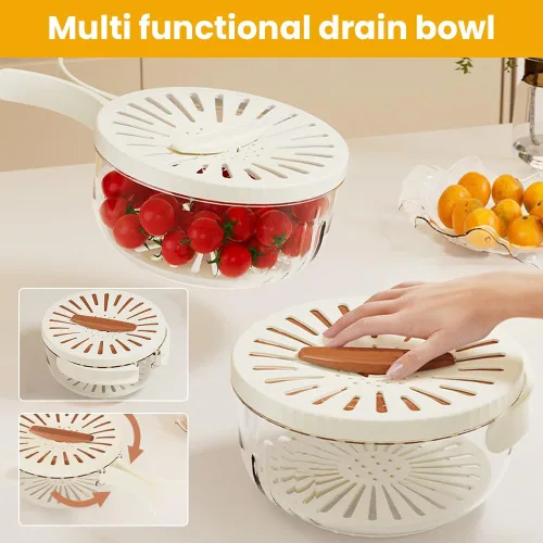 Vista 3 de Cuenco multifuncional para lavar frutas y verduras, cuenco para lavar frutas con colador, recipiente con tapa, escurridor de frutas con asa