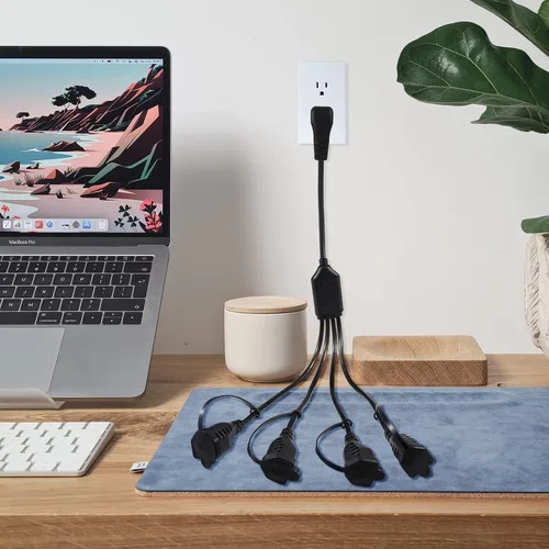 Vista 6 de Divisor de Tomacorriente de 4 Vías - Negro Paquete de 1 Enchufe Plano Angulado de 90 Grados Cable de Extensión de 1 a 4 Regleta de Enchufes, Calibre