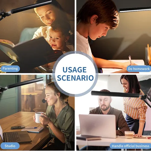 Vista 6 de Lámpara de escritorio LED con abrazadera, luz de escritorio con abrazadera, lámpara de brazo oscilante incluye 3 modos de color y 10 brillo