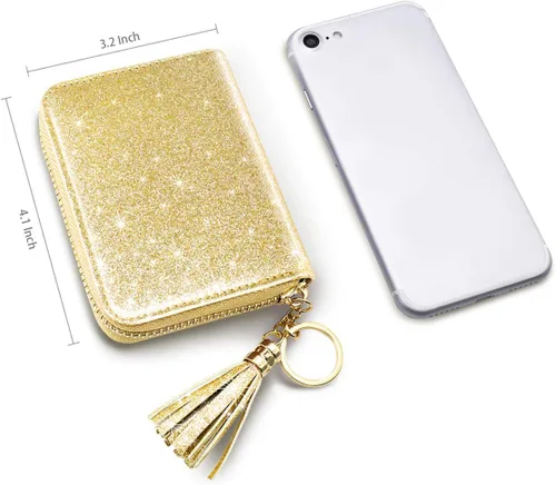 Vista 5 de Billetera pequeña para tarjetas de crédito RFID con purpurina linda para mujer