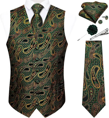 Vista 27 de DiBanGu Juego de chaleco y corbata para hombre, chaleco formal de cachemira y corbata con bolsillo cuadrado y gemelos, de seda, para traje o Verde