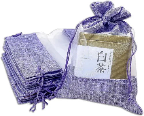Vista 10 de TheDisplayGuys para tu vida moderna - Paquete de 12 bolsas de regalo pequeñas de arpillera de lino y organza con cordones (8.9x14 cm, gris)