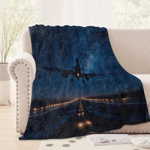 Vista 2 de Manta de avión Wicked, 40 x 50 pulgadas, acogedora manta de franela con diseño majestuoso de aterrizaje nocturno y cielo estrellado, mantas