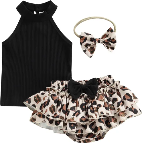 Vista 121 de TheFound Trajes de verano para niñas pequeñas, sin mangas, de punto acanalado, halter, pantalones cortos, ropa para recién nacidos, conjunto de 3