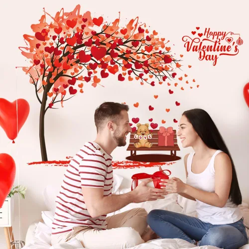 Vista 2 de Adhesivo de pared para el día de San Valentín, diseño de árbol de corazón con corazones rojos en 3D, calcomanías de pared para despegar y pegar