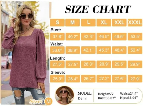 Vista 4 de WIHOLL Camisetas tipo túnica para mujer, ajuste holgado, manga larga, cuello cuadrado