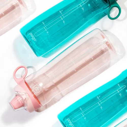 Vista 5 de Pogo Botella de agua reutilizable de plástico de 32 onzas, paquete de 2 con Aquaviva/Satén Rosa