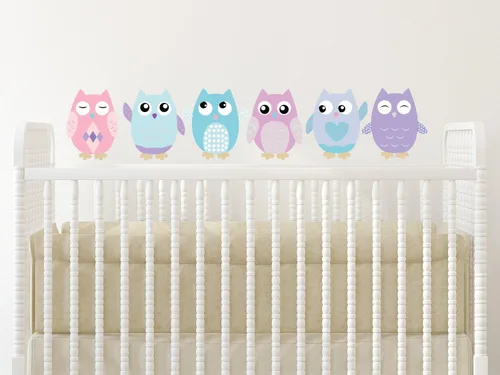 Vista 3 de Calcomanías de pared de tela de búho, juego de 6 búhos, 4 opciones de color, 4 opciones de tamaño, no tóxico, reutilizable, reposicionable blanco