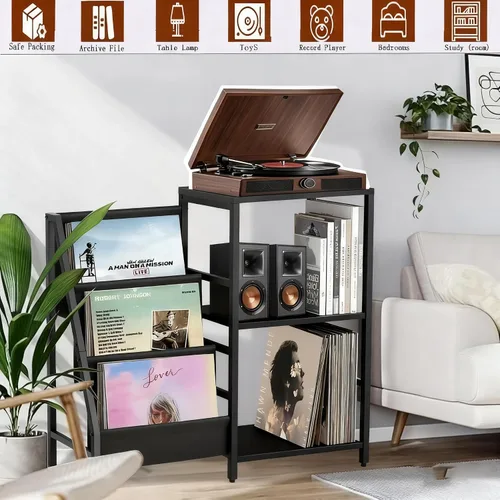 Vista 6 de Soporte para tocadiscos, soporte para tocadiscos con almacenamiento de discos de vinilo, soportes para tocadiscos, mesa auxiliar marrón para sala
