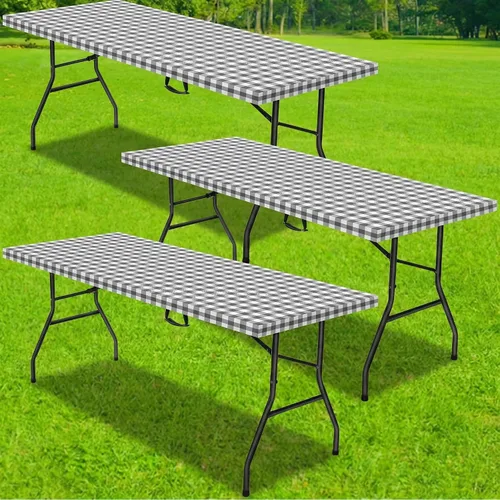 Vista 8 de Mantel rectangular de plástico para mesa de pícnic, 3 piezas, de 30 x 72 pulgadas, vinilo impermeable con parte trasera de franela con borde